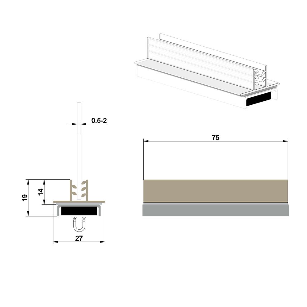 Grippeur en T magnétique 75 x 22 mm, capacité max: 2 mm- Lot de 10