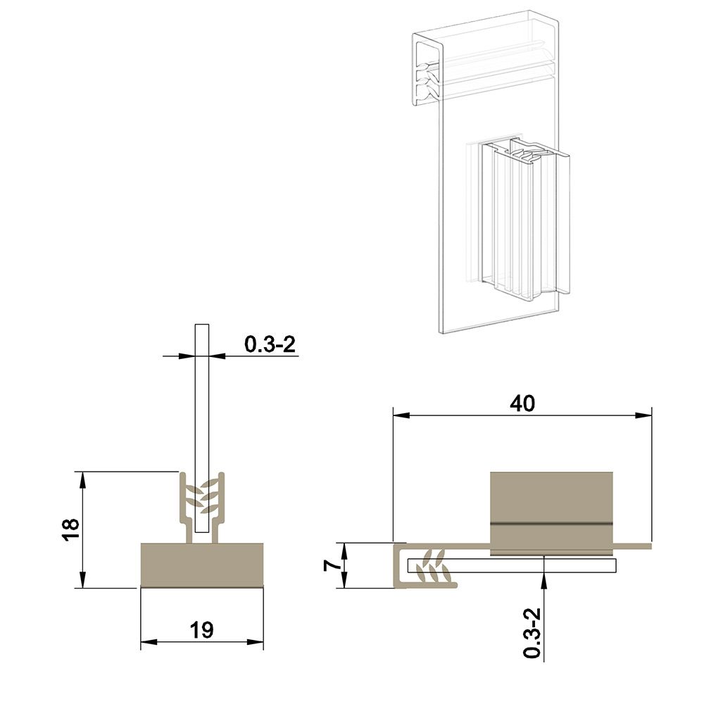 Grippeur stop rayon facing "drapeau" 40 x 19 mm, capacité max: 2mm - Lot de 100