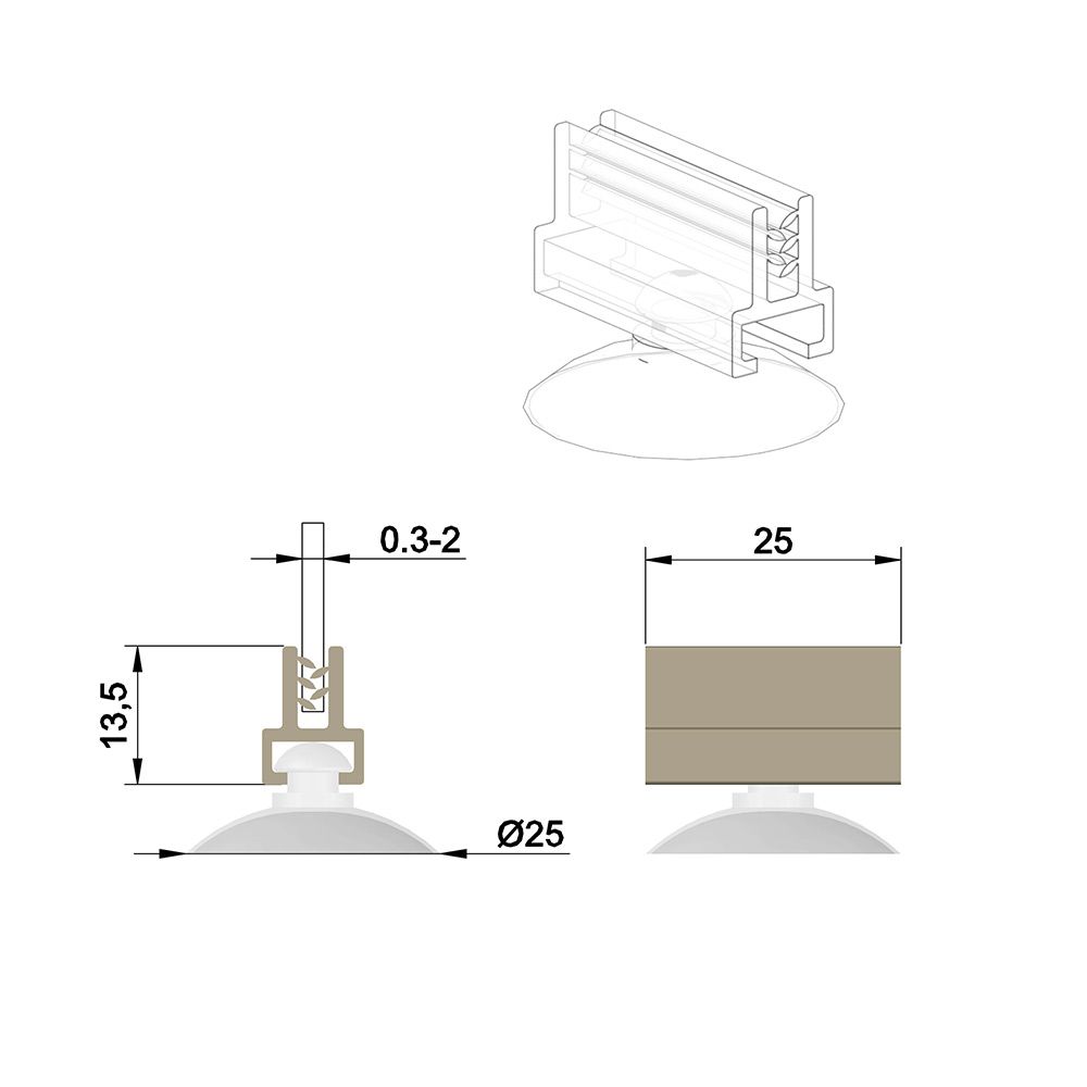 Grippeur en T ventouse Ø25mm L.25 mm, capacité max: 2 mm - Lot de 100