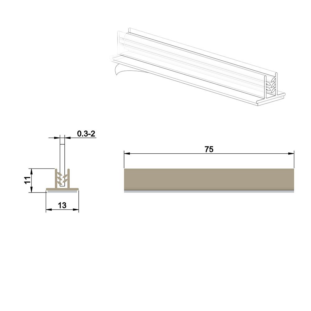 Grippeur en T adhésif 76 x 13 mm, capacité max: 2 mm - Par 100