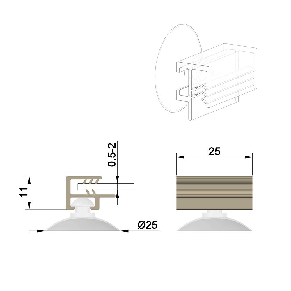 Grippeur stop rayon facing à ventouse 25 x 15 mm, capacité max: 2mm - Lot de 100