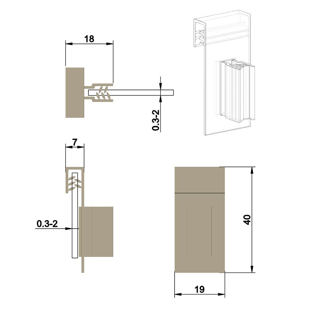 Grippeur stop rayon facing "drapeau" 40 x 19 mm, capacité max: 2mm - Lot de 100